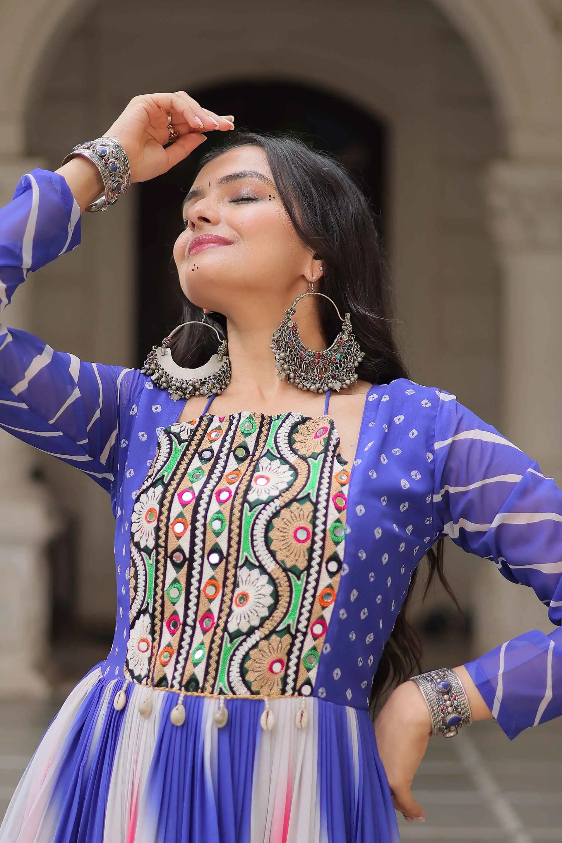 Blue with Multicolor Bandhej & Gamthi Mirror Work Gown