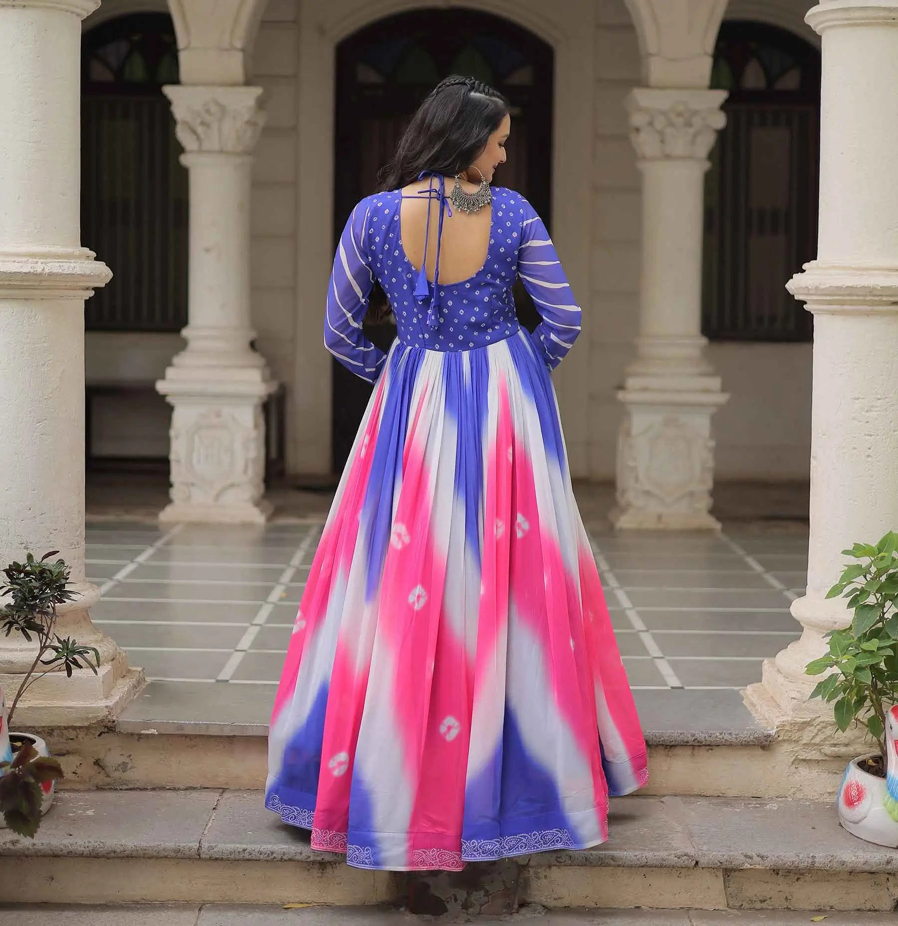 Blue with Multicolor Bandhej & Gamthi Mirror Work Gown