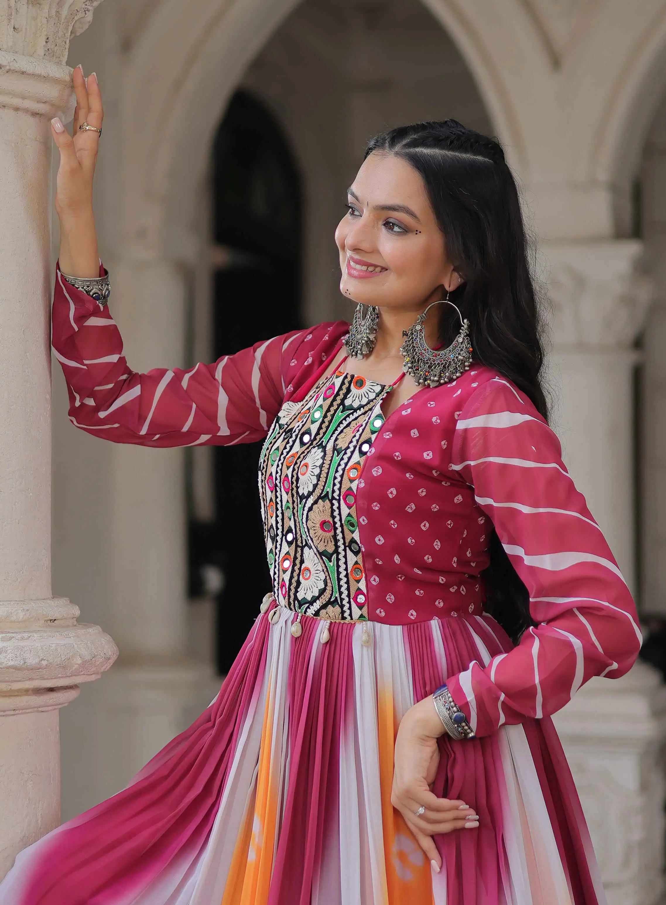 Pink with Multicolor Bandhej & Gamthi Mirror Work Gown
