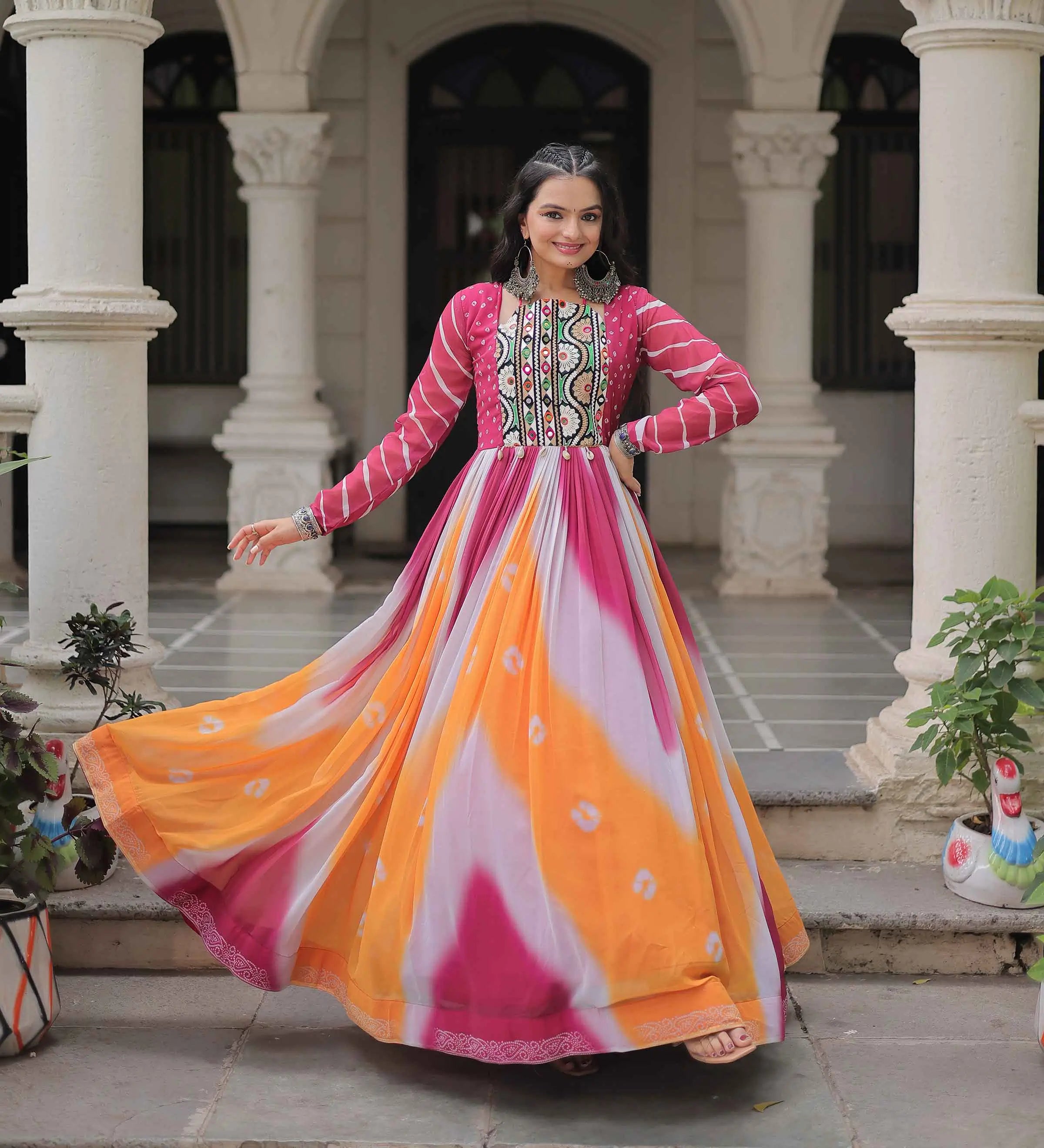 Pink with Multicolor Bandhej & Gamthi Mirror Work Gown
