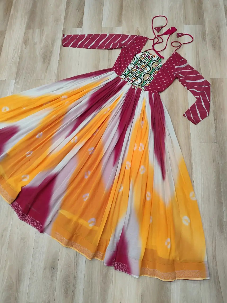 Pink with Multicolor Bandhej & Gamthi Mirror Work Gown