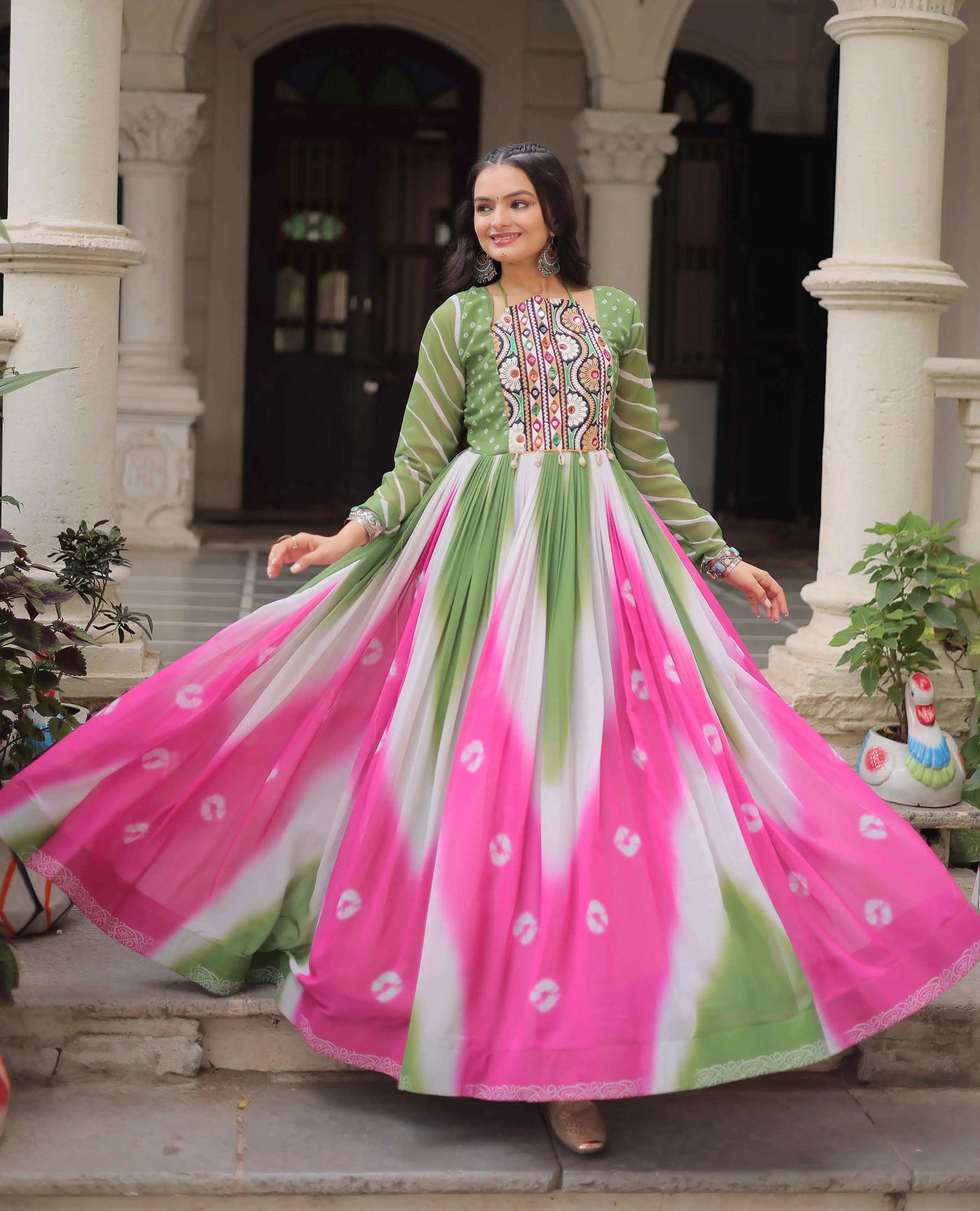 Green with Multicolor Bandhej & Gamthi Mirror Work Gown