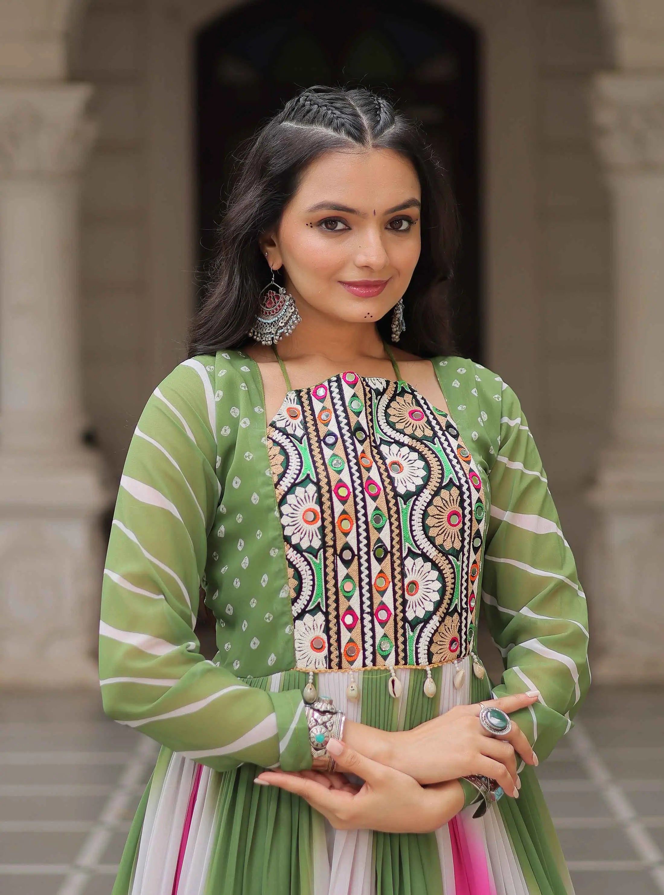 Green with Multicolor Bandhej & Gamthi Mirror Work Gown