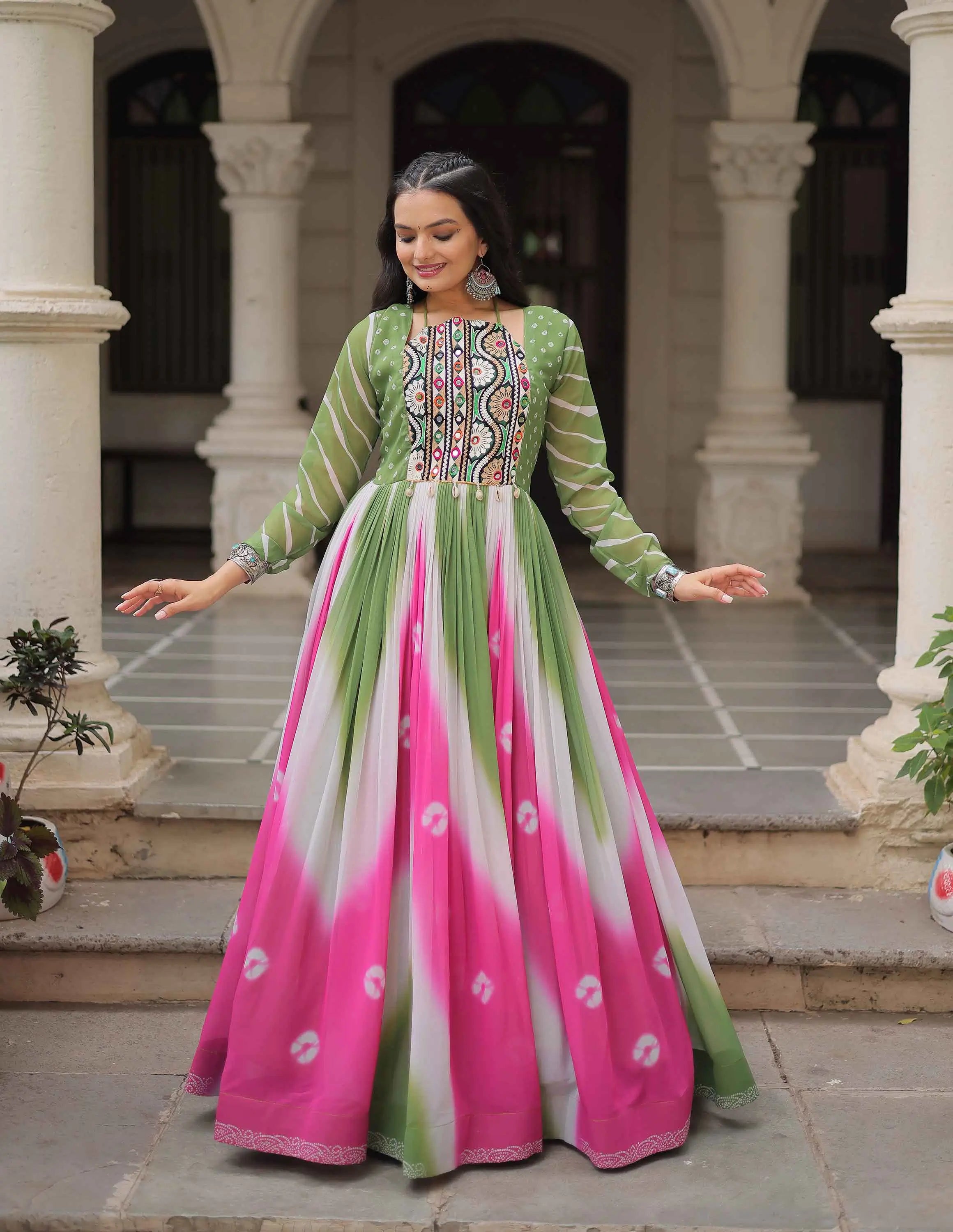 Green with Multicolor Bandhej & Gamthi Mirror Work Gown