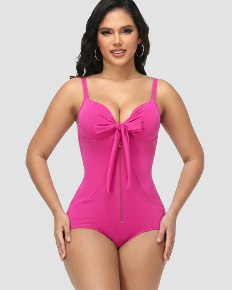 Shapshe® Shaping V Neck Swimsuit with Zipper and Bow - By Qivii