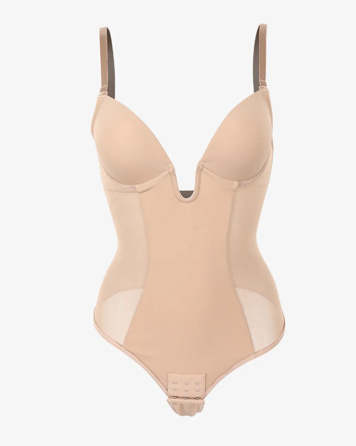 Sexy Plunge Neck Backless Mesh Panel Shapewear Thong Bodysuit