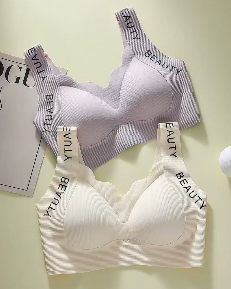Thin Seamless Wireless Push-Up Fixed Cup Lettering Straps Bra