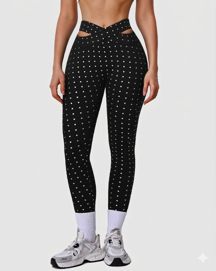 Silver Polka Dot Yoga Leggings Cross-cut Black Workout Pants - By Qivii