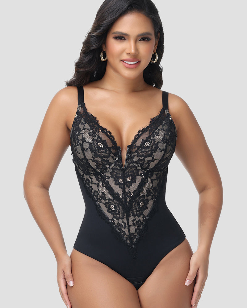 Shapshe® Sexy Plunge Lace Shapewear Bodysuit With Hook Crotch - By Qivii