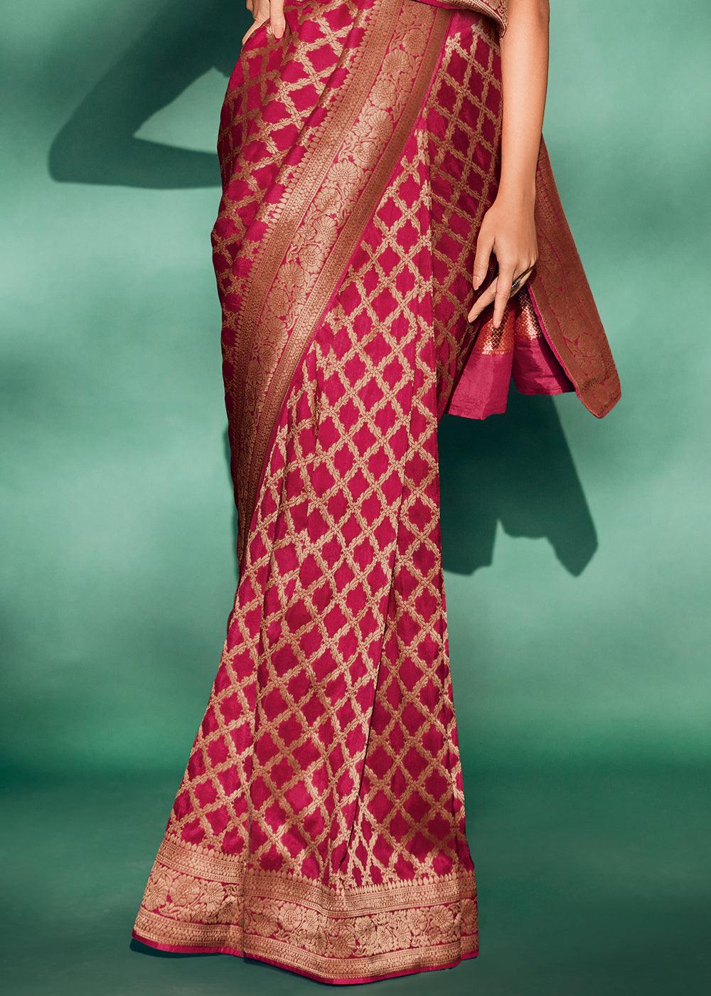 Magenta Pink Woven Viscose Silk Saree - qivii