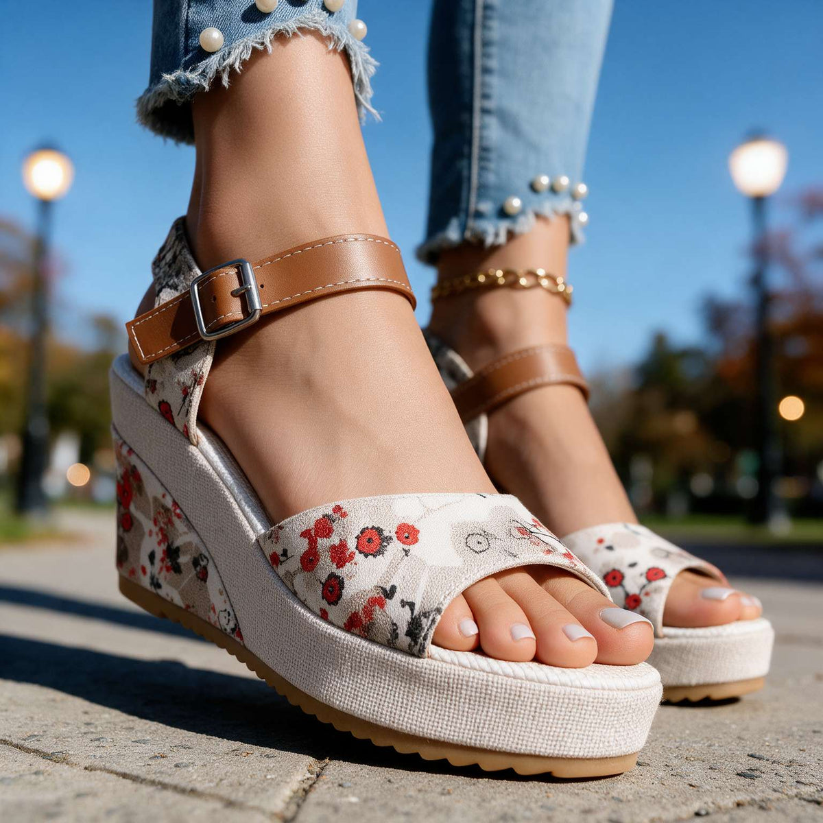 Close-up of Alessia women's buckle platform sandal heels by Hudson Ridge, showing the textured strap and chunky heel detail.