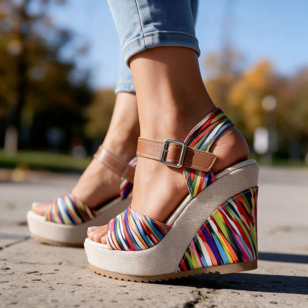 Close-up of Alessia women's buckle platform sandal heels by Qivii, showcasing the textured strap and chunky heel detail.