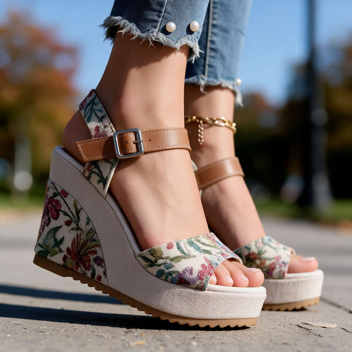 Close-up of Alessia women's buckle platform sandal heels by Qivii, showcasing the textured straps and chunky heel detail.