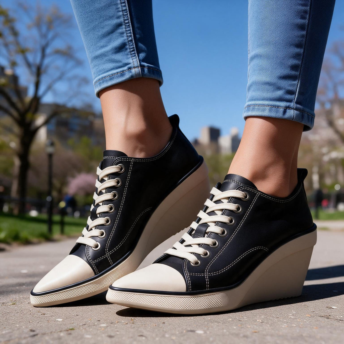 Close-up of Skyla wedge sneakers by Qivii, showing beige suede material and chunky rubber sole, women's casual footwear.