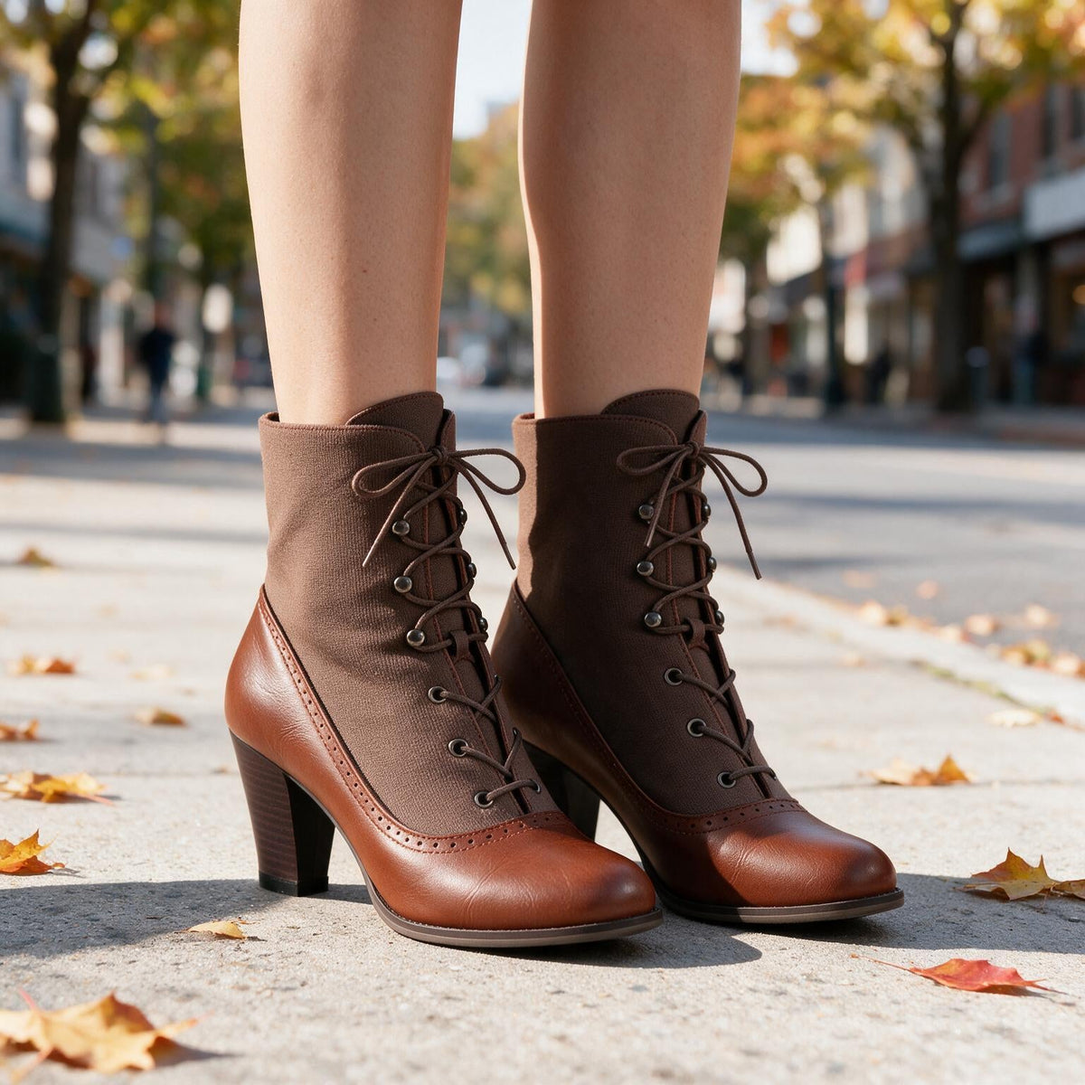 Hudson Ridge Haley women's fall heeled boots, stylish leather footwear with block heels, displayed on urban background.