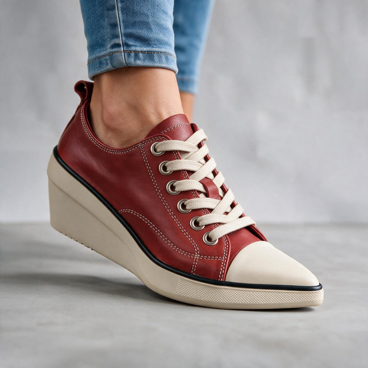 Skyla Wedge Sneakers by Qivii, women's footwear in black with white laces and chunky wedge heel, stylish casual shoes.