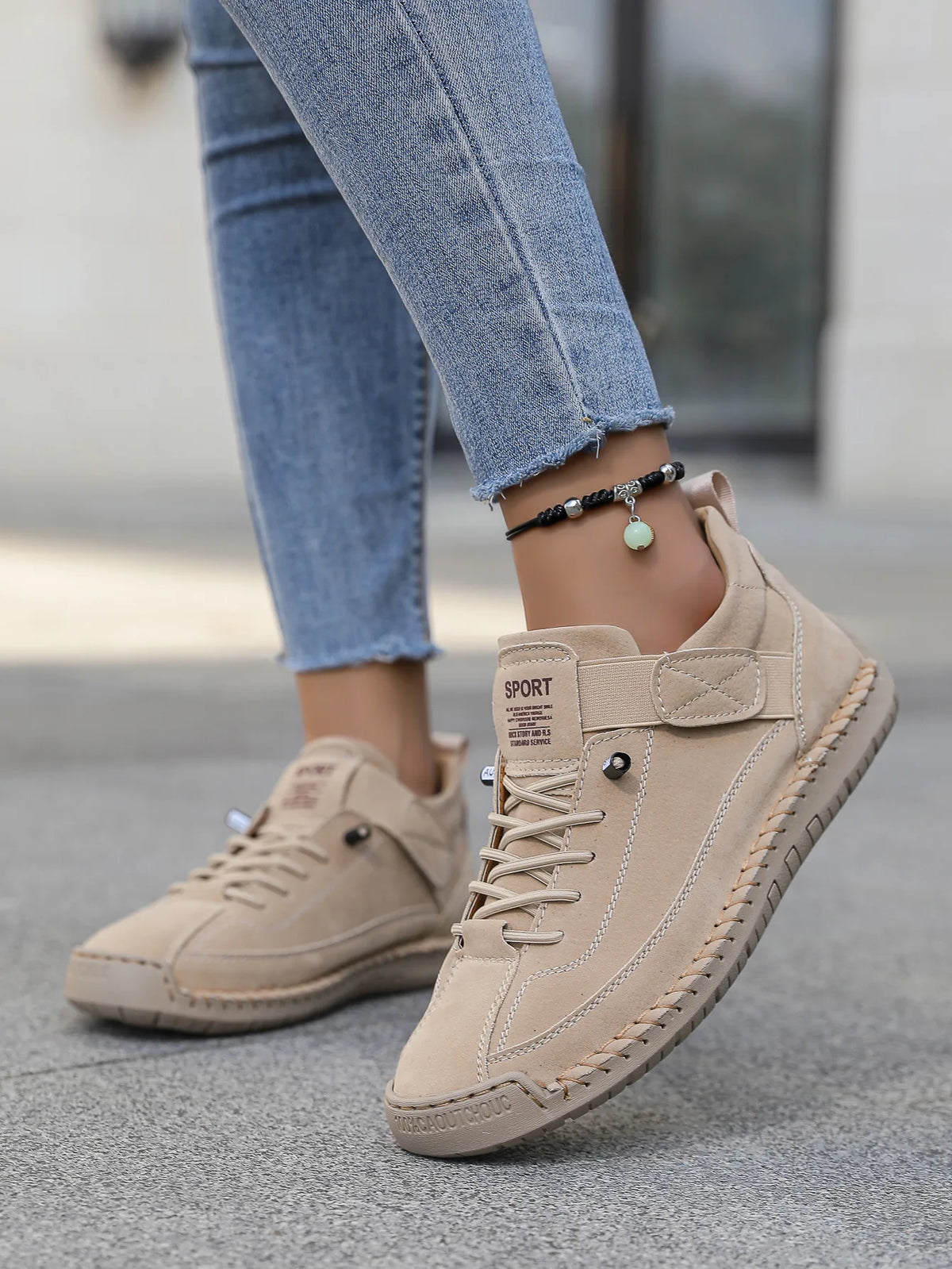 Beige women's orthopedic hiking sneakers by Hudson Ridge, designed for comfort and support during outdoor activities.