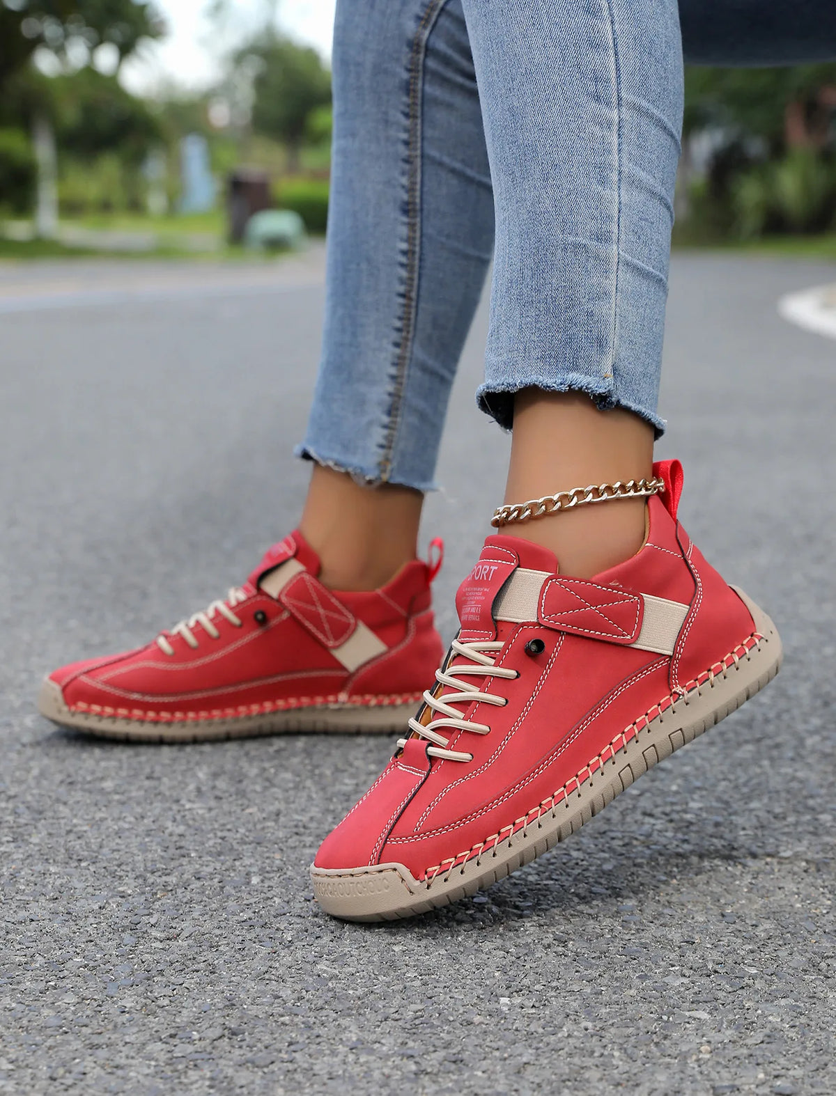 Red Maizie women's orthopedic hiking sneakers by Qivii, designed for comfort and support in outdoor footwear.
