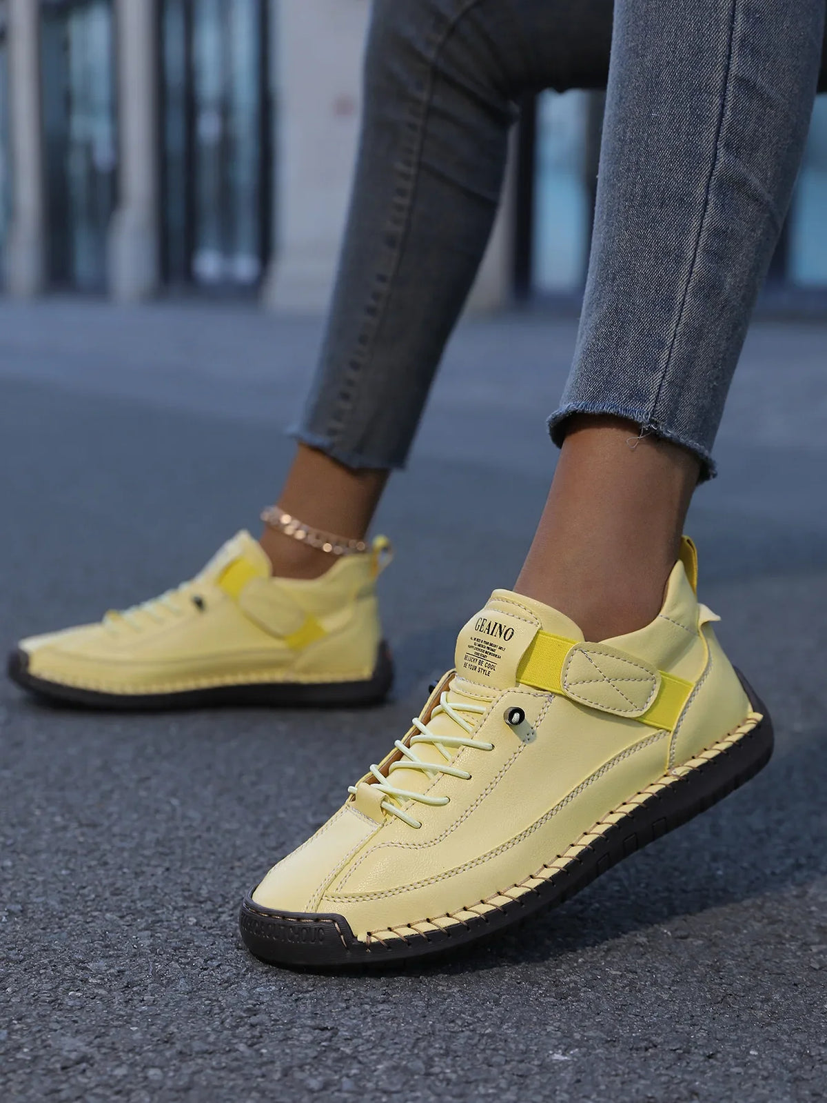 Yellow Maizie women's orthopedic hiking sneakers by Qivii, showing comfortable footwear designed for outdoor hiking.