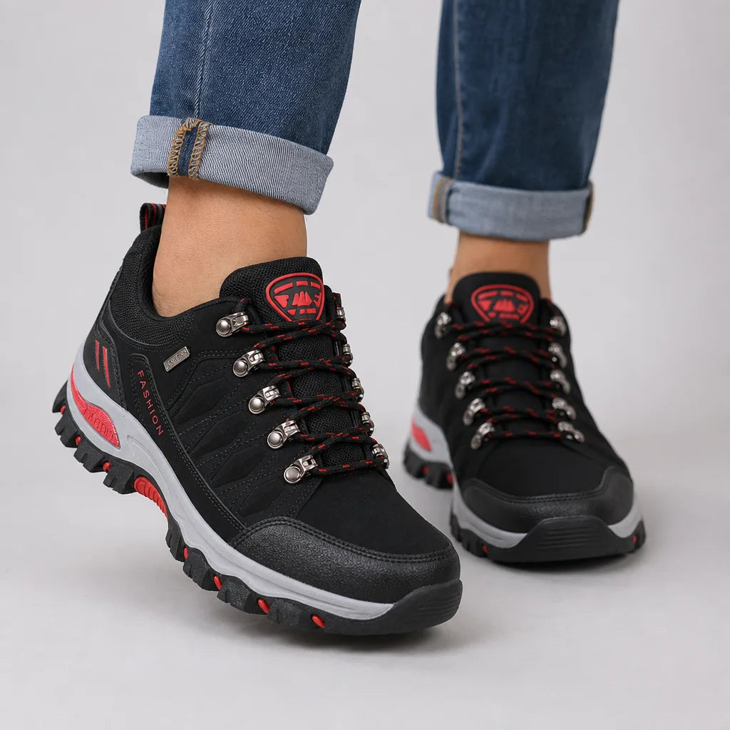 Black women's trail running shoes by Hudson Ridge, Marisette style, designed for comfortable outdoor running and active wear.