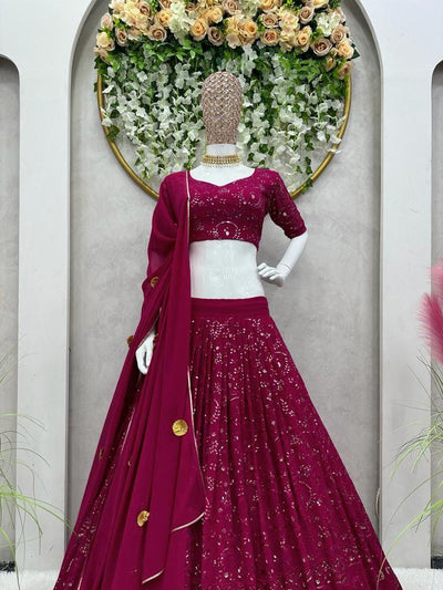 Maroon Color Wedding Wear Georgette Trendy Sequence Embroidered Lehenga | Readyto wear - qivii