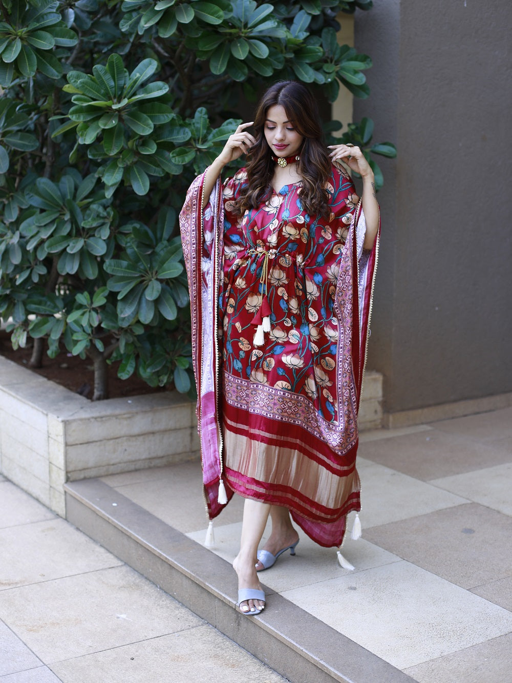 Maroon Color Digital Printed Pure Gaji Silk Kaftan - qivii