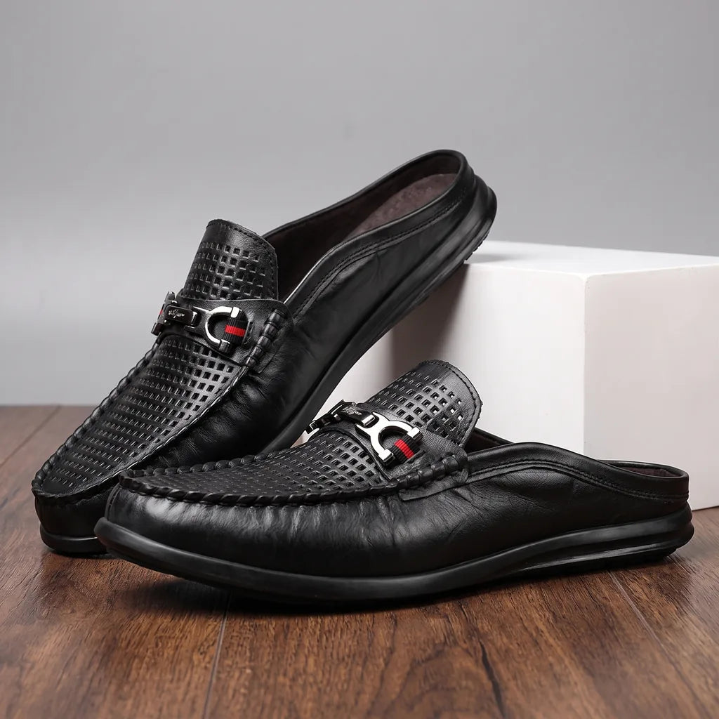 Black men's leather Italian loafer by Hudson Ridge, stylish slip-on footwear with sleek design and matte finish.