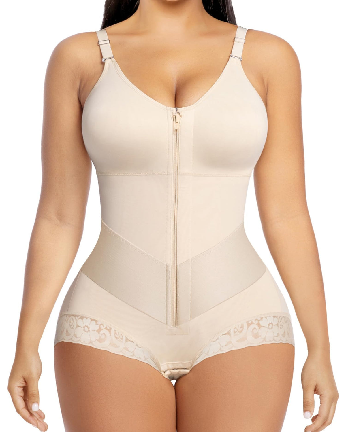 Lace Trim Adjustable Strap Tummy Control Butt Lifting Zipper Bodysuit