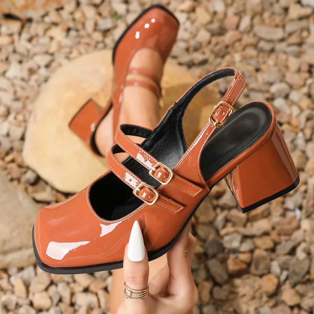 Brown Melissa women's orthopedic Mary Jane heels by Qivii, stylish footwear with supportive design and classic buckle detail.