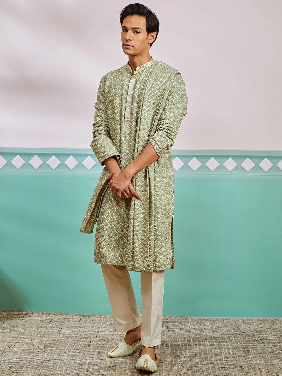 Men Pista Green Silk Blend Embroidered Dupatta
