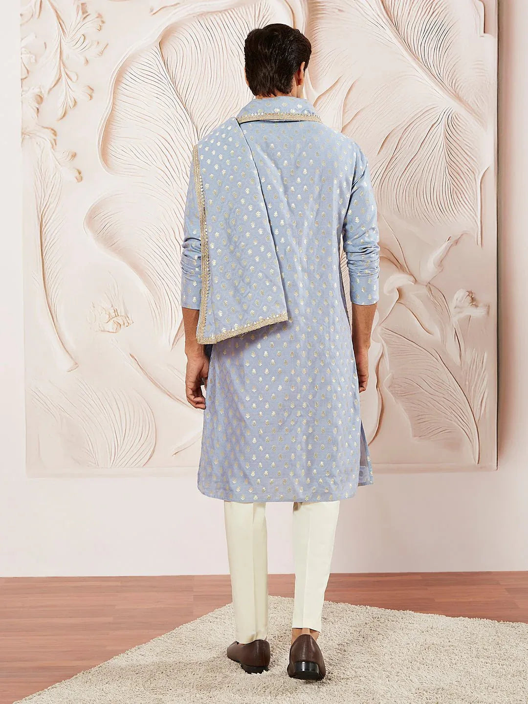 Men's Aqua Jacquard Silk Blend Kurta Pyjama Set with Woven Dupatta