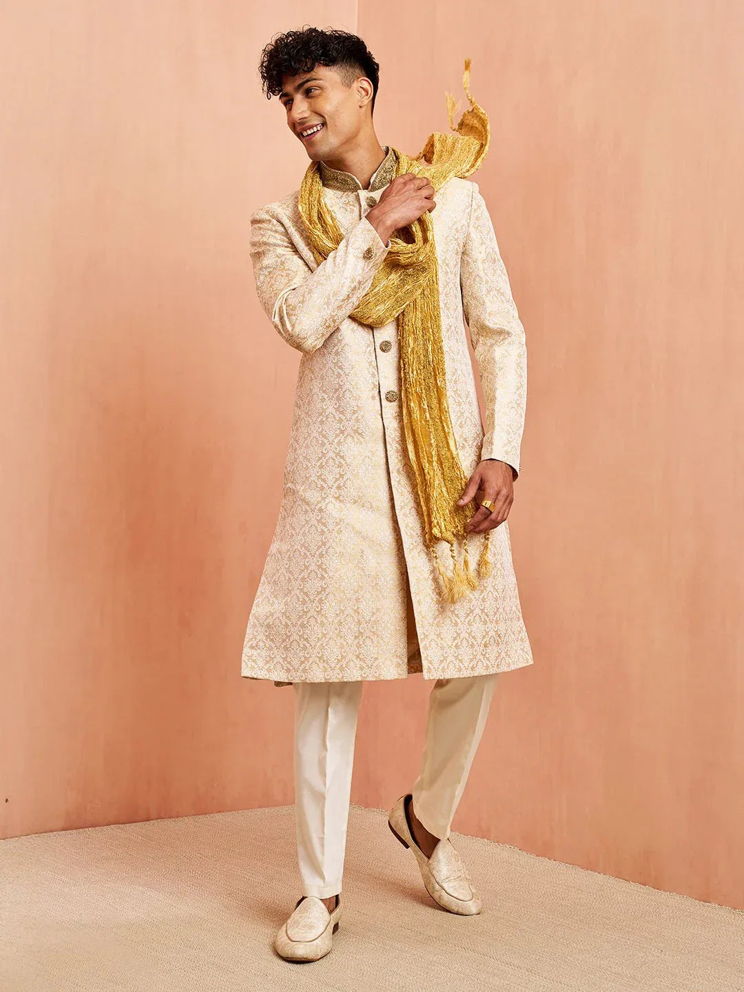 Men's Beige Jacquard Embroidered Sherwani Set with Cream Pyjama & Gold Dupatta