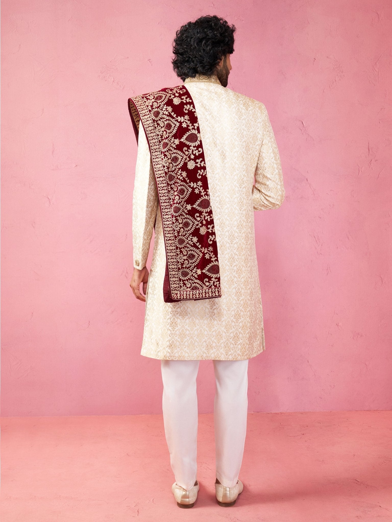 Men's Beige Sherwani Set with Cream Pyjama & Maroon Velvet Dupatta