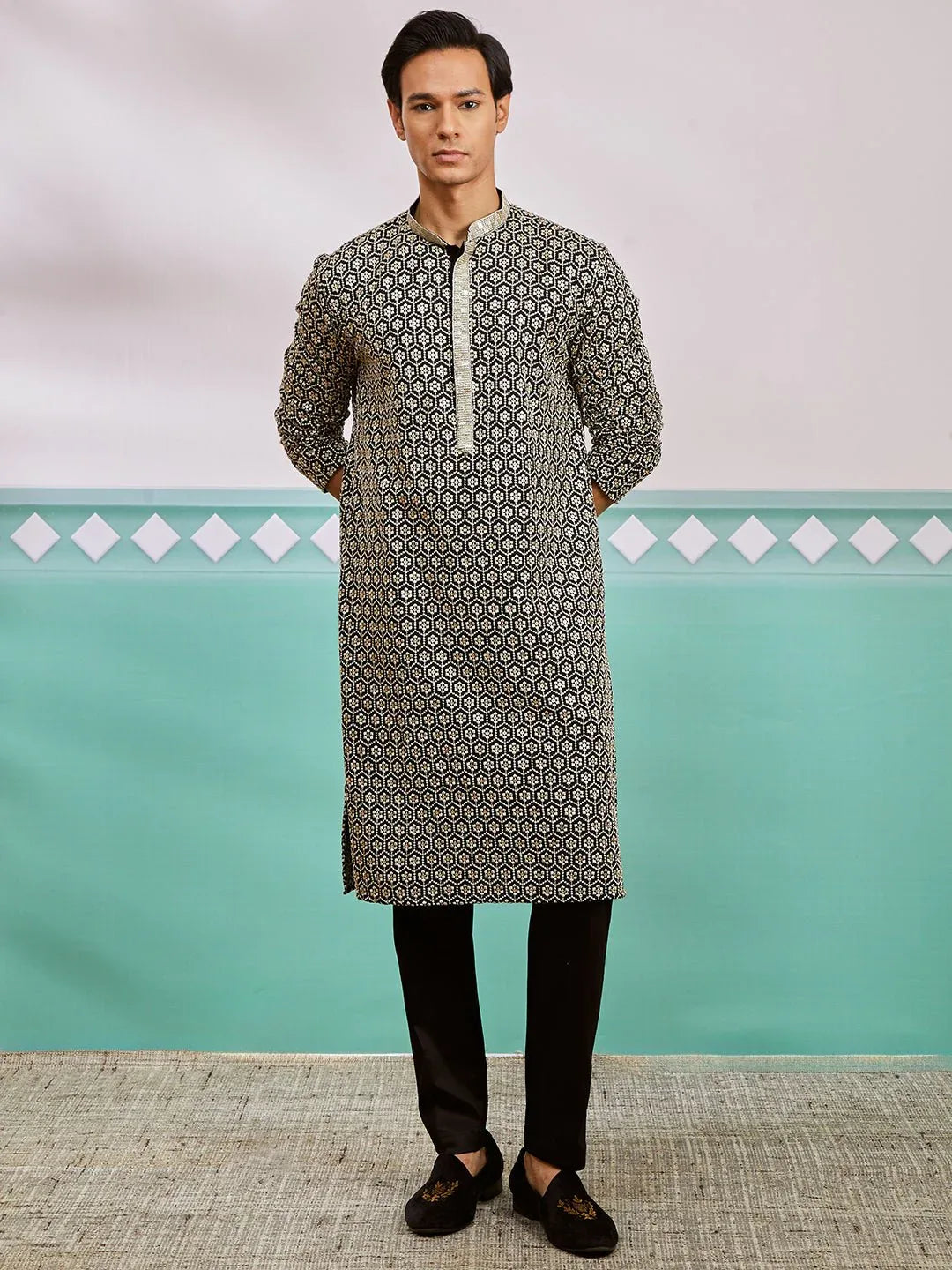 Men's Black Chikankari Embroidered Rayon Kurta with Fine Satin Pyjama Set