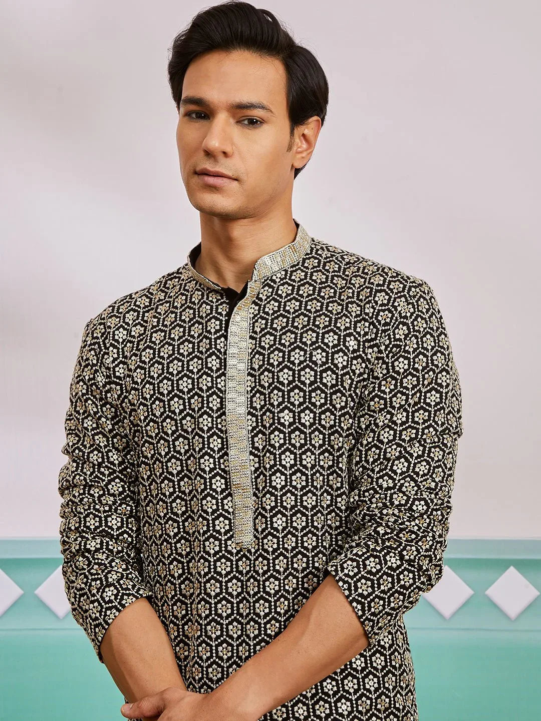 Men's Black Chikankari Rayon Kurta with Cream Fine Satin Pyjama