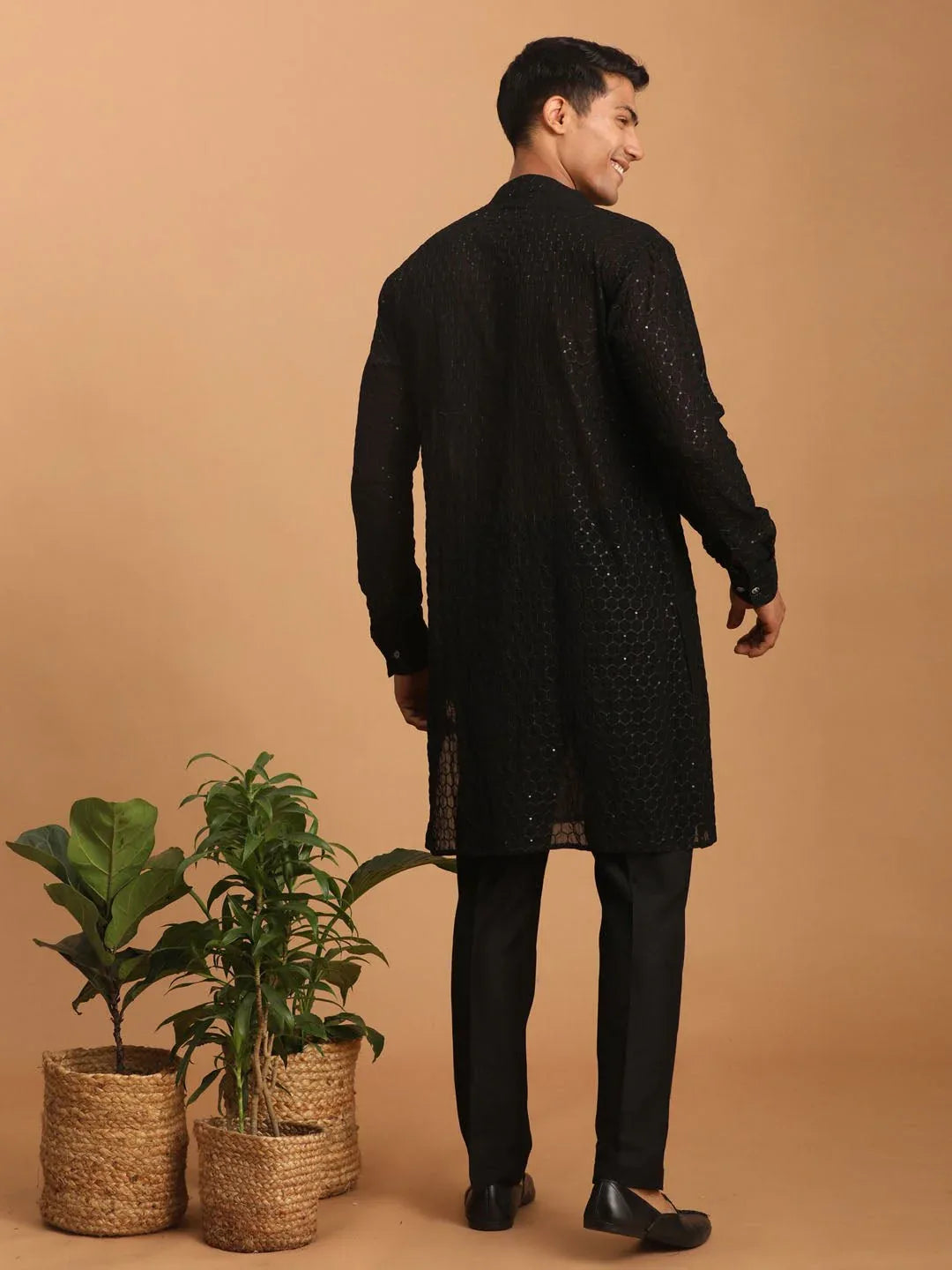 Men's Black Jacquard Kurta with Black Fine Satin Pyjama