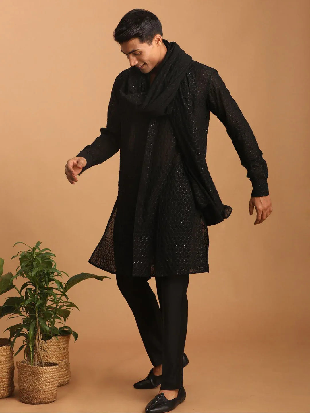 Men's Black Jacquard Kurta with Black Fine Satin Pyjama