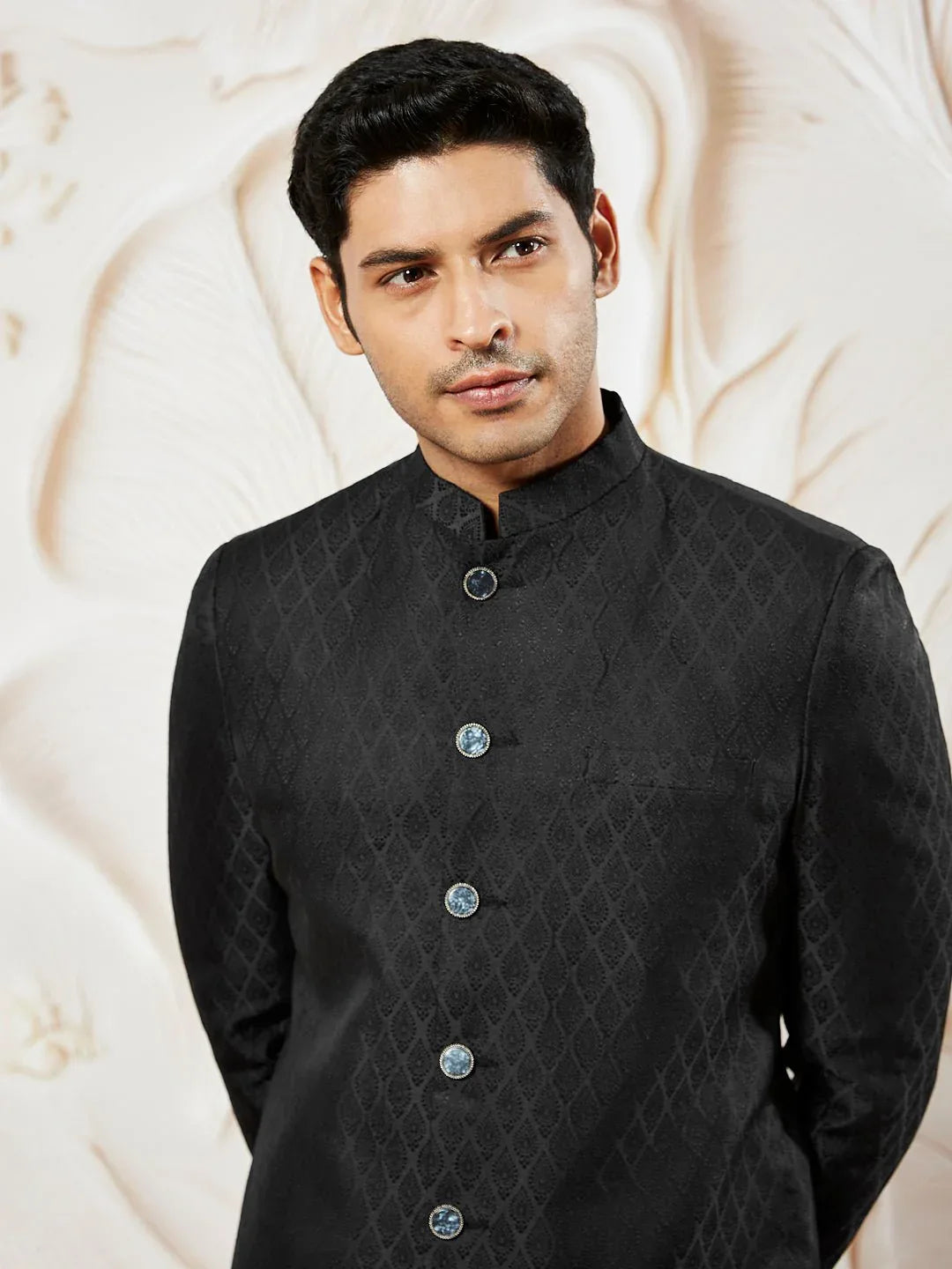 Men's Black Kalka Jacquard Sherwani Set with Silk Blend Kurta & Viscose Pyjama