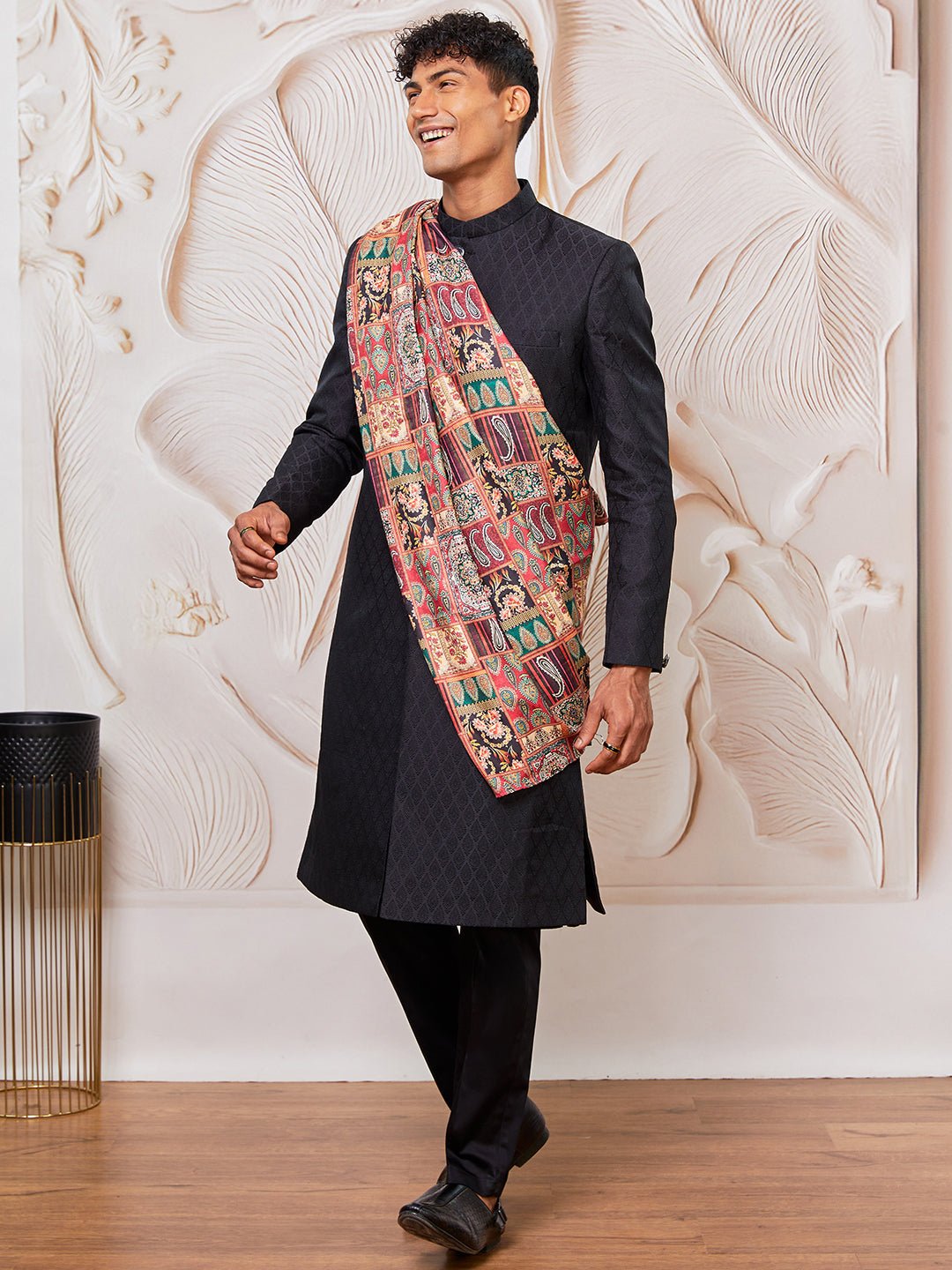 Men's Black Kalka Jacquard Sherwani Set with Viscose Pyjama & Multicolor Paisley Dupatta