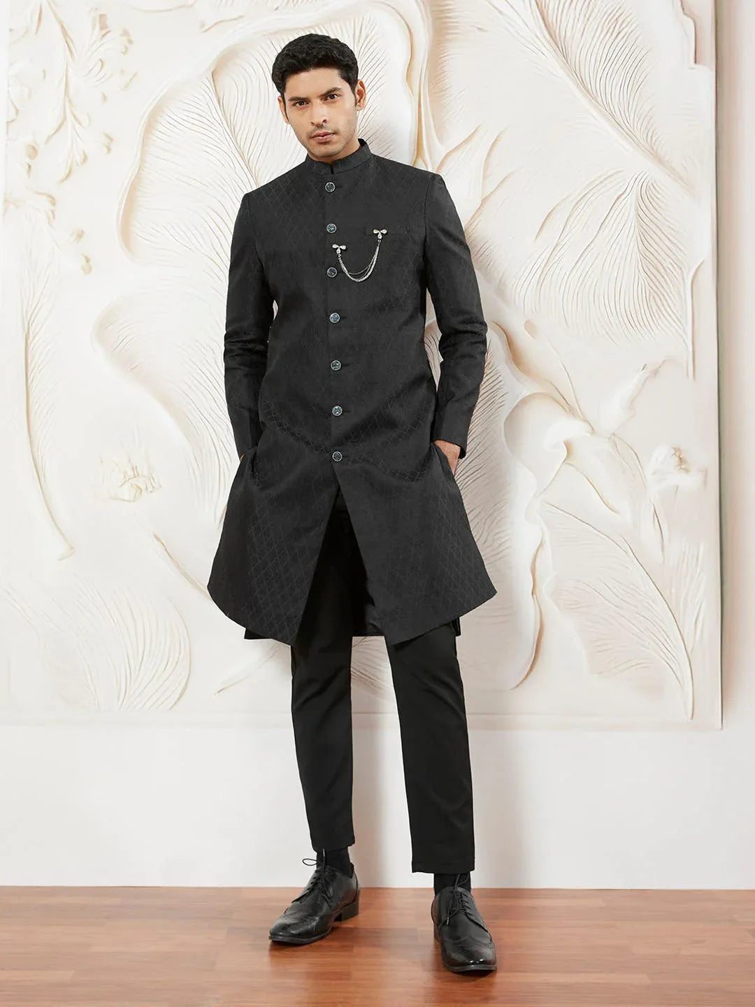 Men's Black Kalka Jacquard Silk Blend Sherwani with Black Viscose Pyjama