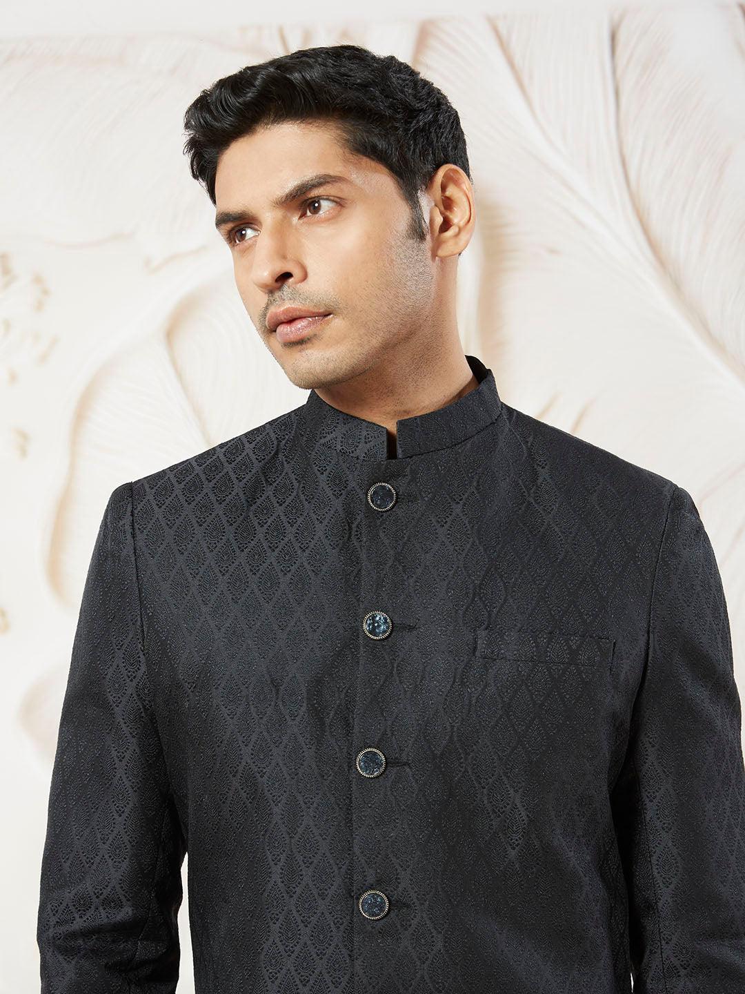 Men's Black Kalka Jacquard Silk Blend Sherwani with Black Viscose Pyjama