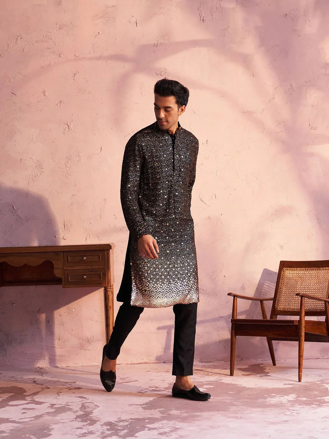 Men's Black Ombre Sequin Georgette Kurta with Black Satin Pyjama