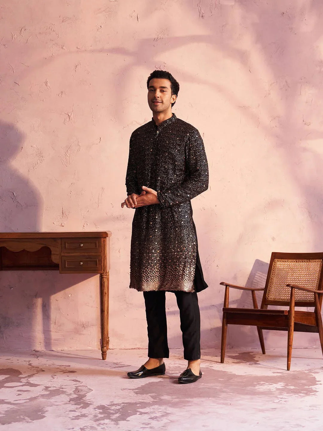 Men's Black Ombre Sequin Georgette Kurta with Black Satin Pyjama