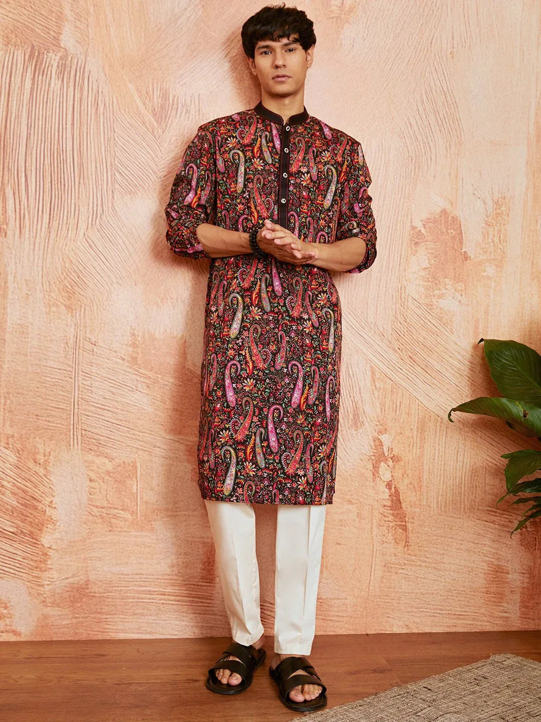 Men's Black Paisley Print Viscose Blend Kurta with Cream Viscose Pyjama