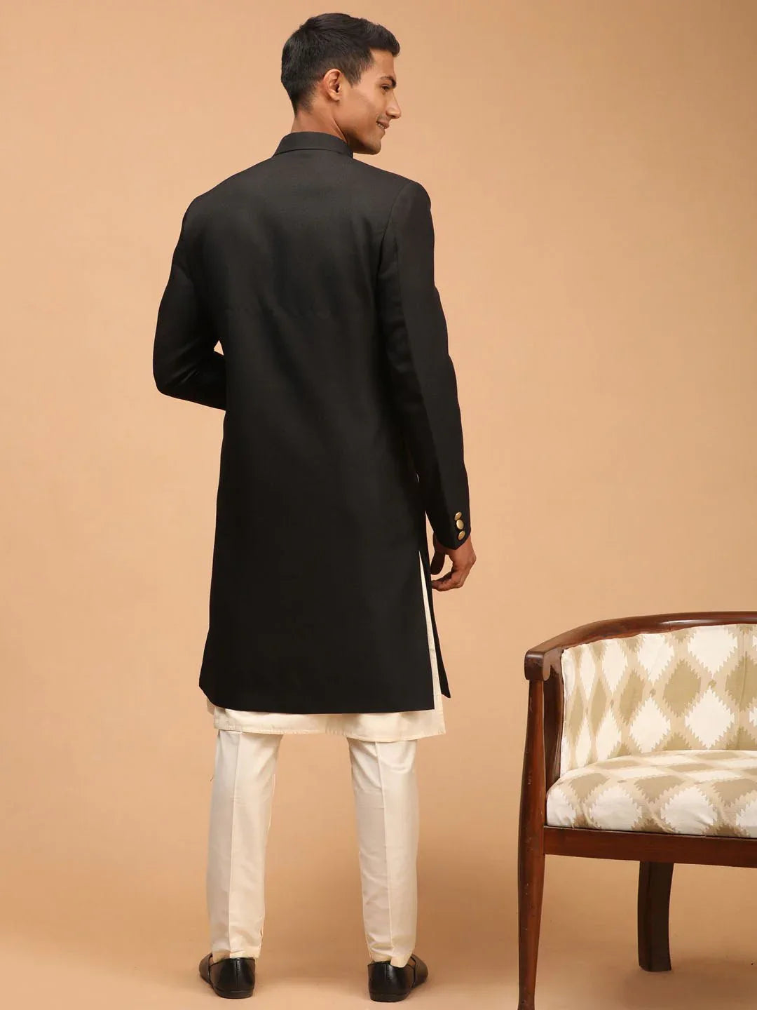 Men’s Black Platinum Sherwani with Cream Kurta & Pyjama 3-Piece Wedding Set