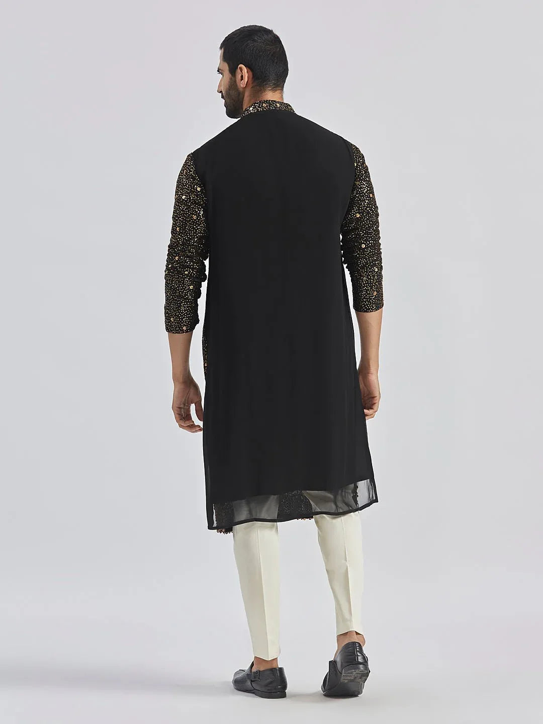Men's Black Sequin Embroidered Georgette Kurta with Cream Satin Pyjama