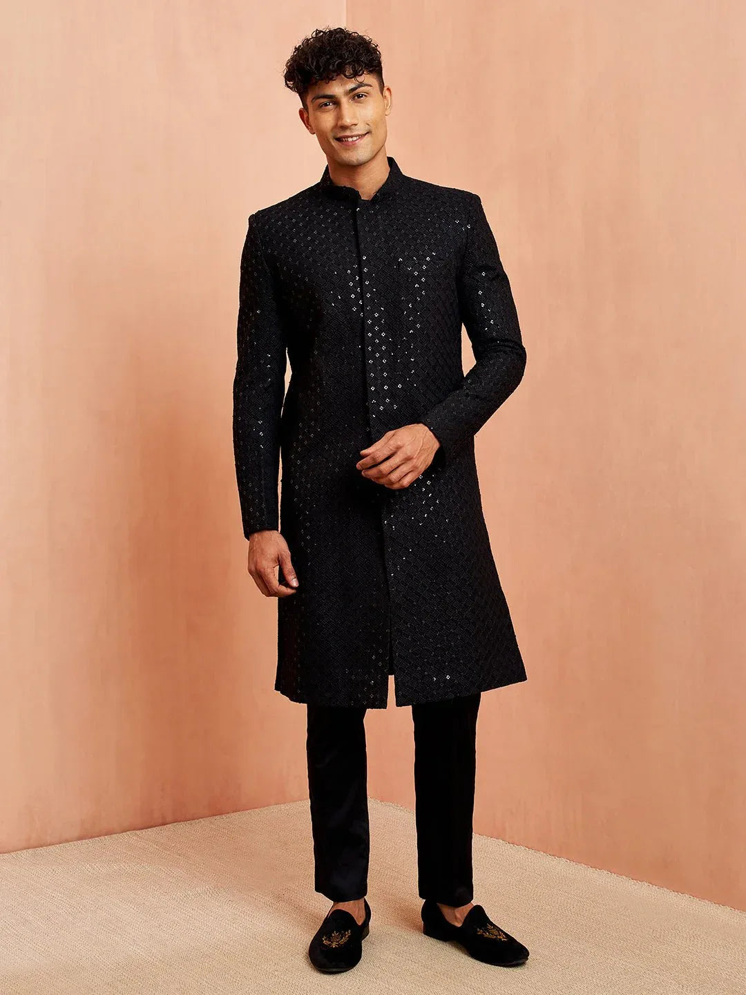 Men's Black Sequin Embroidered Rayon Sherwani with Fine Satin Pyjama Set
