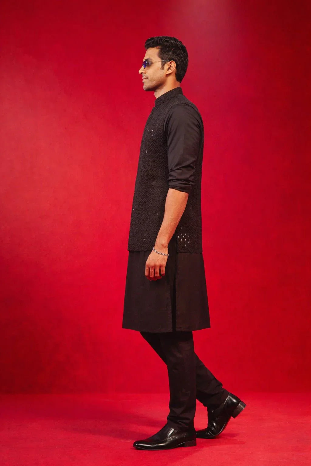 Men's Black Sequin Embroidery Nehru Jacket with Kurta Pyjama Set