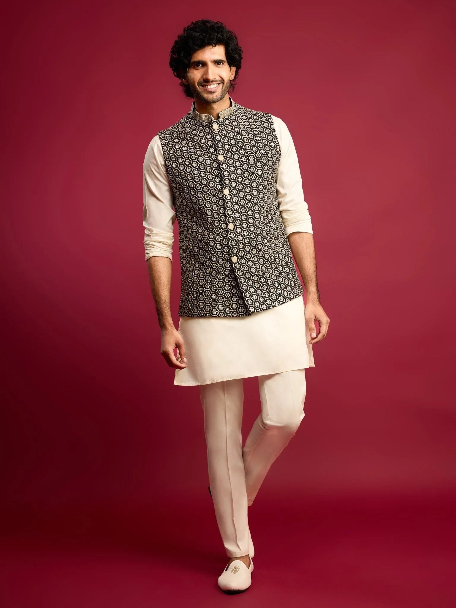 Men's Black Sequin & Thread Embroidered Nehru Jacket with Cream Satin Kurta & Pants Set