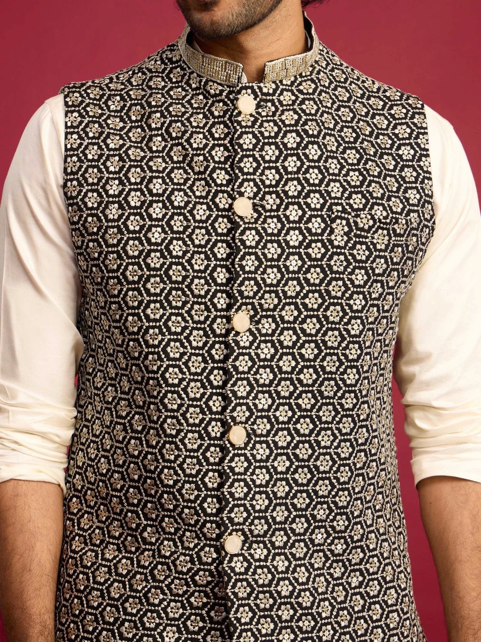 Men's Black Sequin & Thread Embroidered Nehru Jacket with Cream Satin Kurta & Pants Set
